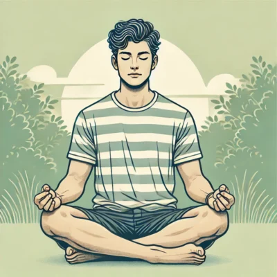 A person meditating outdoors with a calm expression, sitting cross-legged in a striped shirt and shorts.
