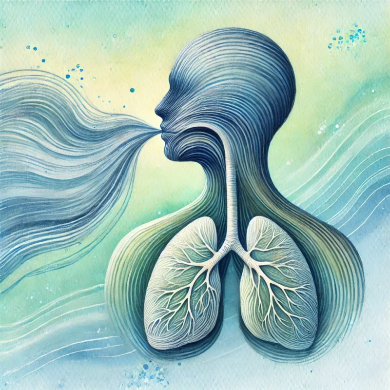 Artistic depiction of a human figure with lungs and airflow, symbolizing breathwork.