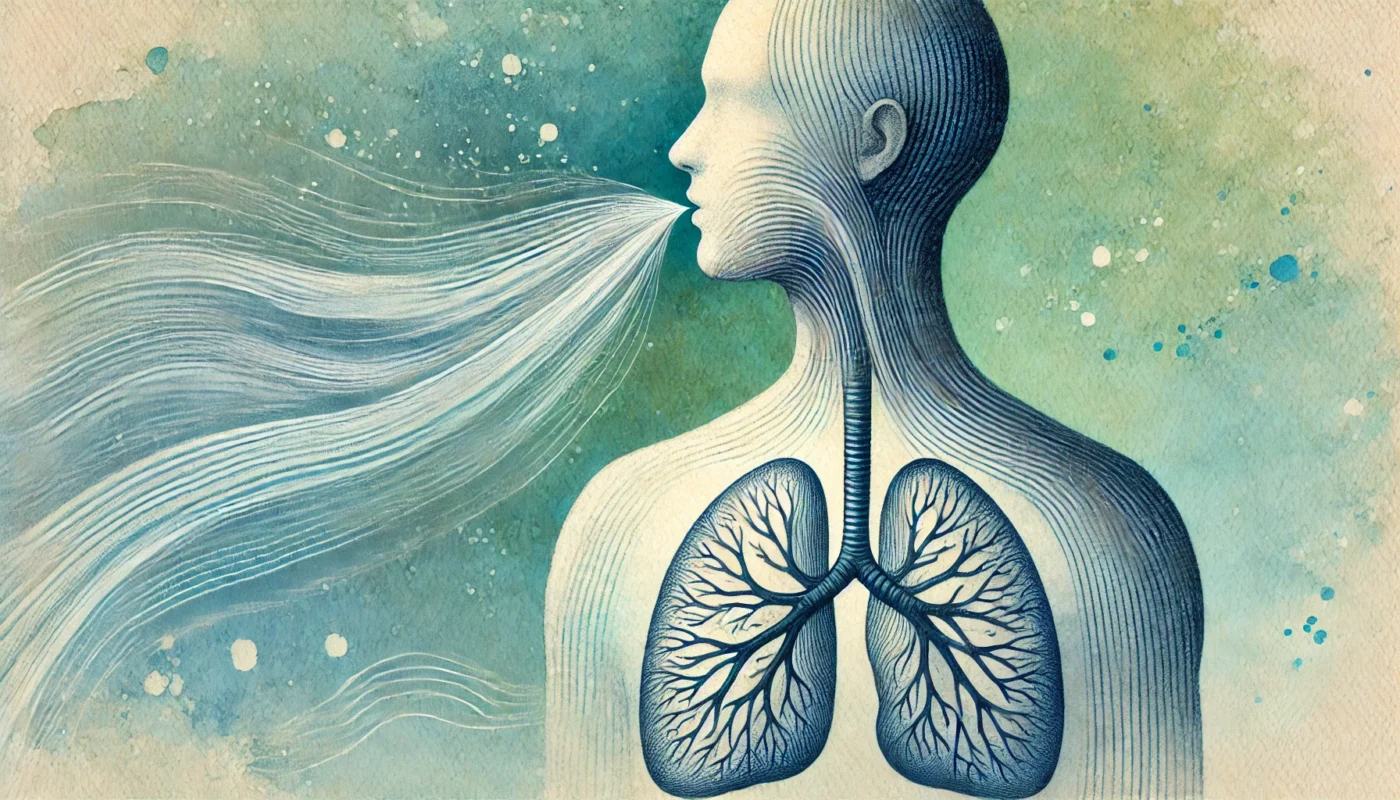 Watercolor illustration of a human silhouette in profile, showing airflow from the mouth and detailed lungs, symbolizing conscious breathing.