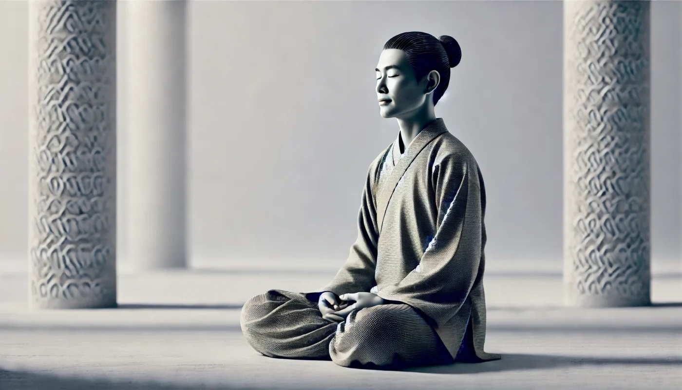 Illustration of a woman meditating in a seated, cross-legged position with closed eyes and a peaceful expression, in a minimalistic setting.
