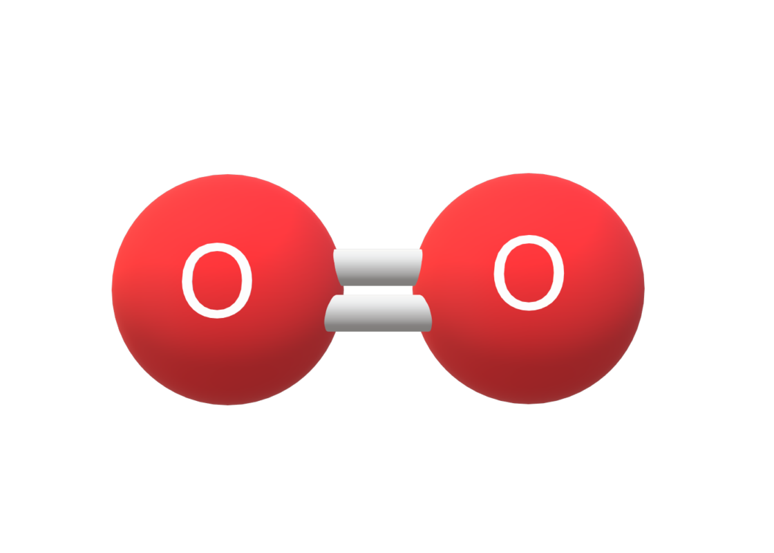 Illustration of an oxygen (O2) molecule, showing two red spheres labeled 'O' connected by a double bond.
