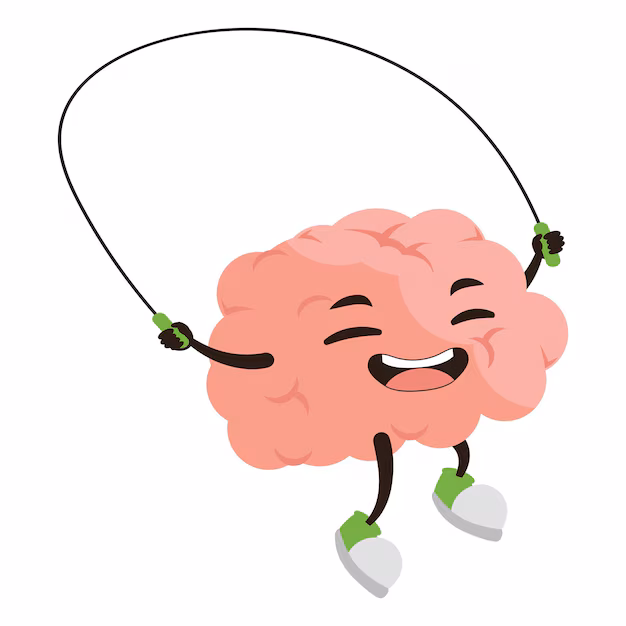 Illustration of a happy brain character skipping rope, symbolizing mental health and resilience.