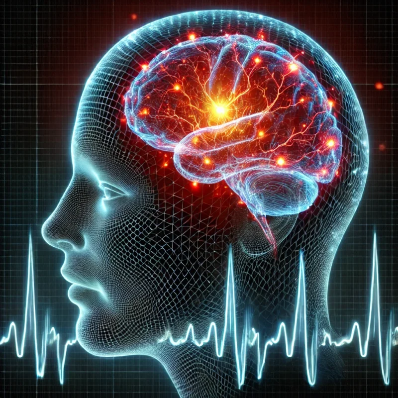 Illustration of a human brain with neural connections and gamma wave patterns.