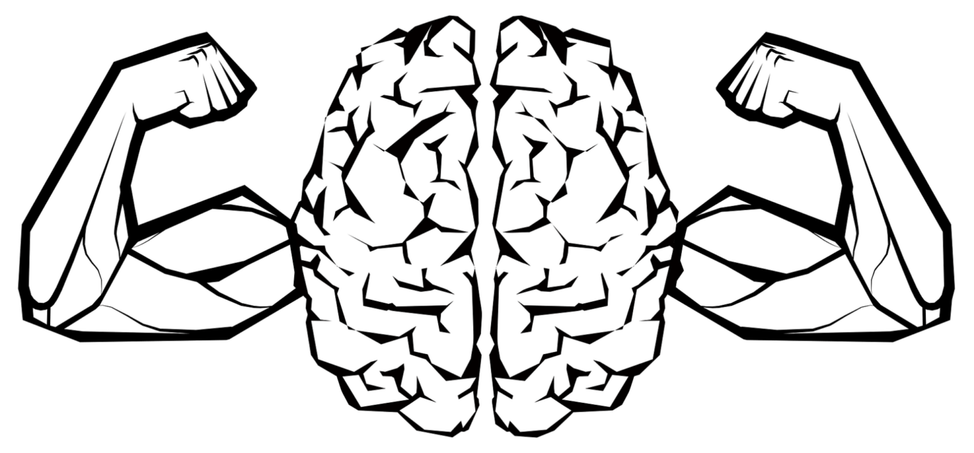 Illustration of a brain with muscular arms flexed on each side, symbolizing mental strength and resilience.