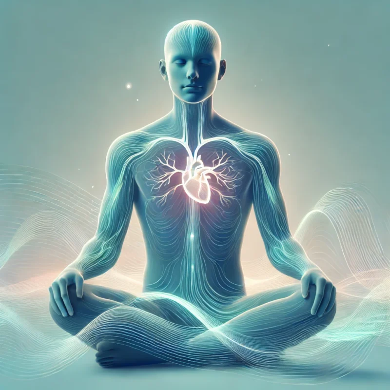 A calm and professional digital illustration depicting how breathwork influences the nervous system. The image features a person in a relaxed meditative pose, with glowing energy lines flowing through their body. The heart and lungs are subtly illuminated, showing their connection to deep breathing. Soft blue and teal hues create a serene atmosphere, emphasizing relaxation and balance.